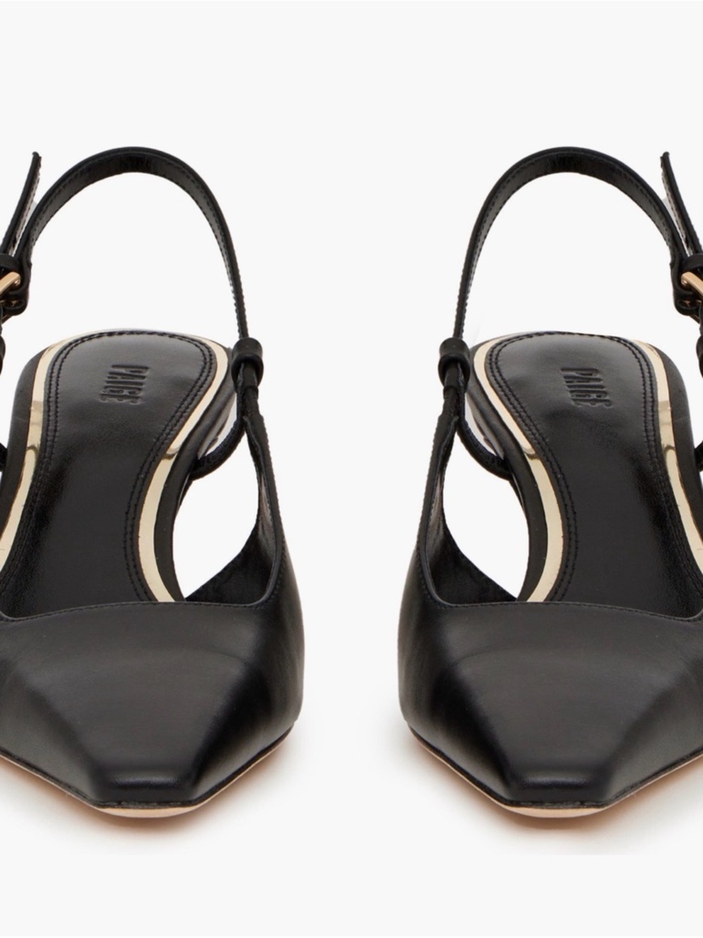PAIGE Winnie Black Leather Pointed Toe Slingback Pump with Gold Buckle - Picture 2 of 10